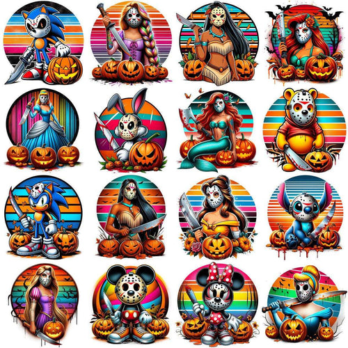 Halloween DTF/DTG designs featuring horror-themed cartoon characters with pumpkins and knives, print-ready PNG/SVG