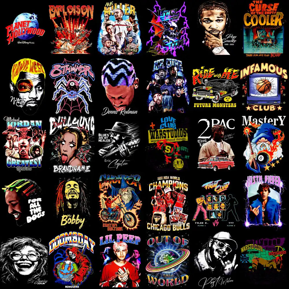 Print-ready DTF/DTG designs featuring pop culture, music icons, and retro graphics for t-shirts and merch.