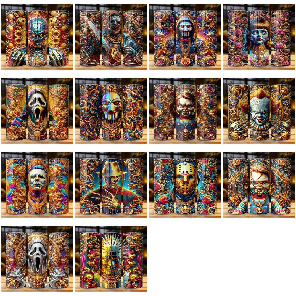 Halloween tumbler wrap designs featuring horror movie characters in ornate, colorful art styles for DTF/DTG printing.