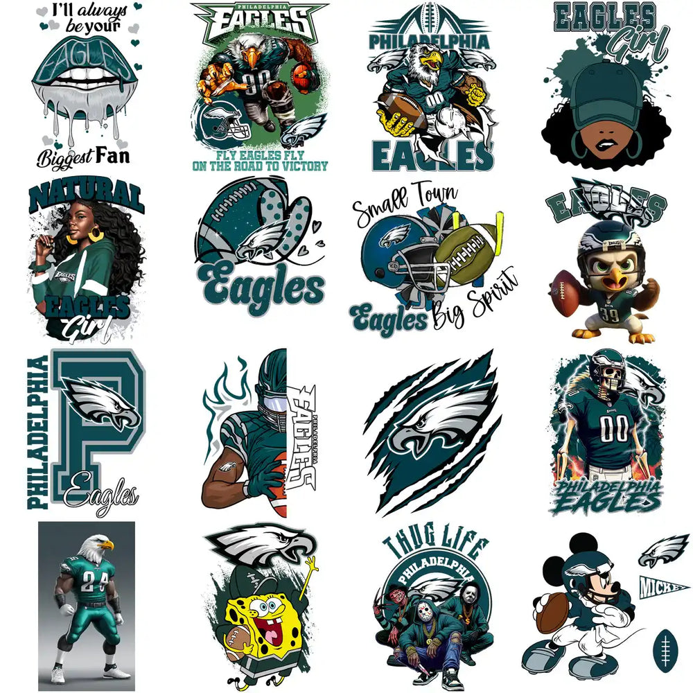Philadelphia Eagles fan designs, including logos, players, and themed art for DTG, DTF, and embroidery.