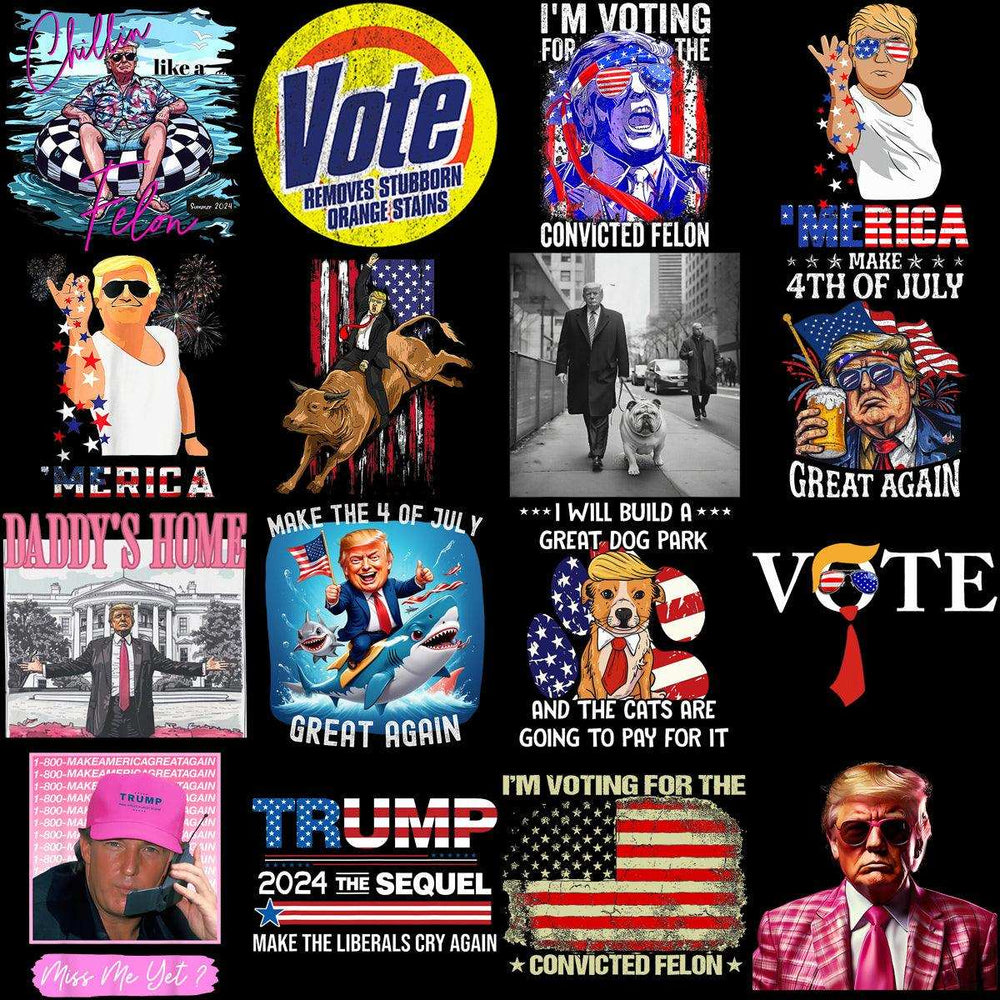 Trump-themed political designs for t-shirts, featuring patriotic and humorous slogans, ideal for DTF/DTG printing.