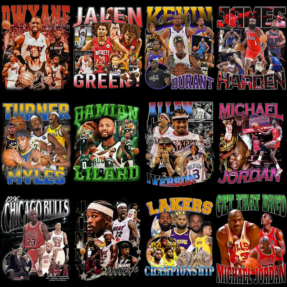 Basketball player collage with Dwyane Wade, Jalen Green, Kevin Durant, James Harden, and Michael Jordan designs