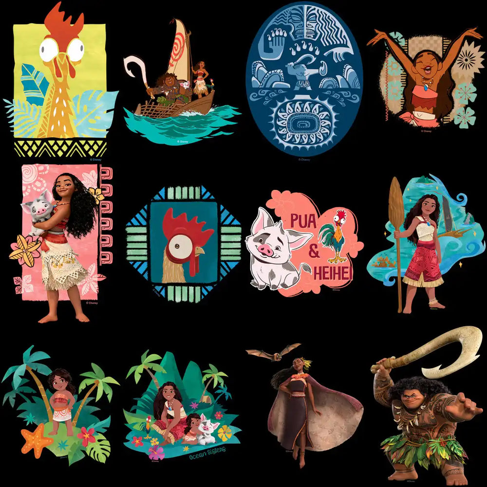 Moana-themed designs featuring characters, tropical scenes, and Polynesian patterns for DTF, DTG, and embroidery.