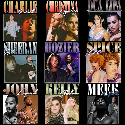 Celebrity music artist collage for DTF DTG print designs, featuring pop stars and singers in vibrant styles