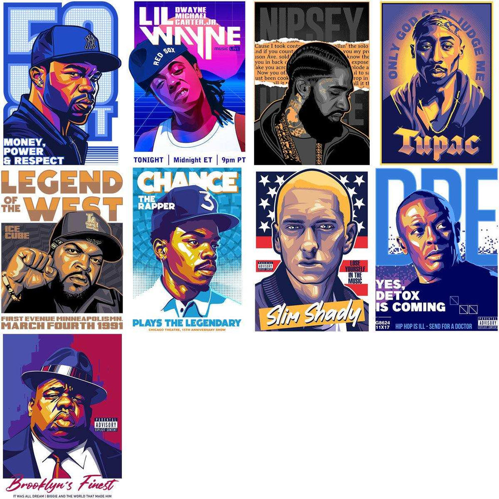 Hip hop artist posters featuring vibrant designs for DTF, DTG, and embroidery with iconic rappers.