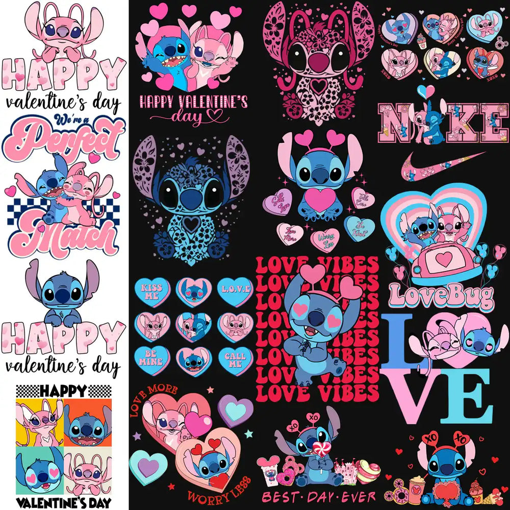 Stitch and Angel Valentine's Day designs with hearts, love phrases, and colorful graphics for DTF/DTG prints.