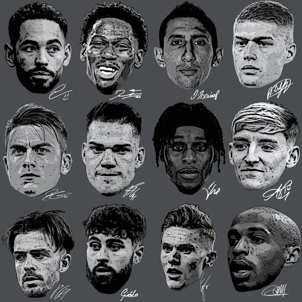 12 stylized soccer player portraits with autographs, print-ready for DTF/DTG, embroidery, or tumbler wraps
