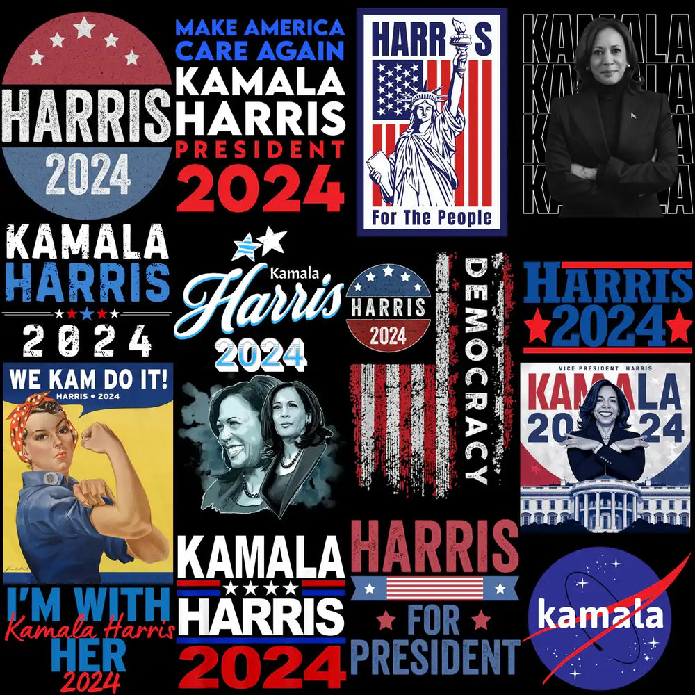 Kamala Harris 2024 presidential campaign designs, print-ready PNG SVG for t-shirts, DTG, DTF, embroidery