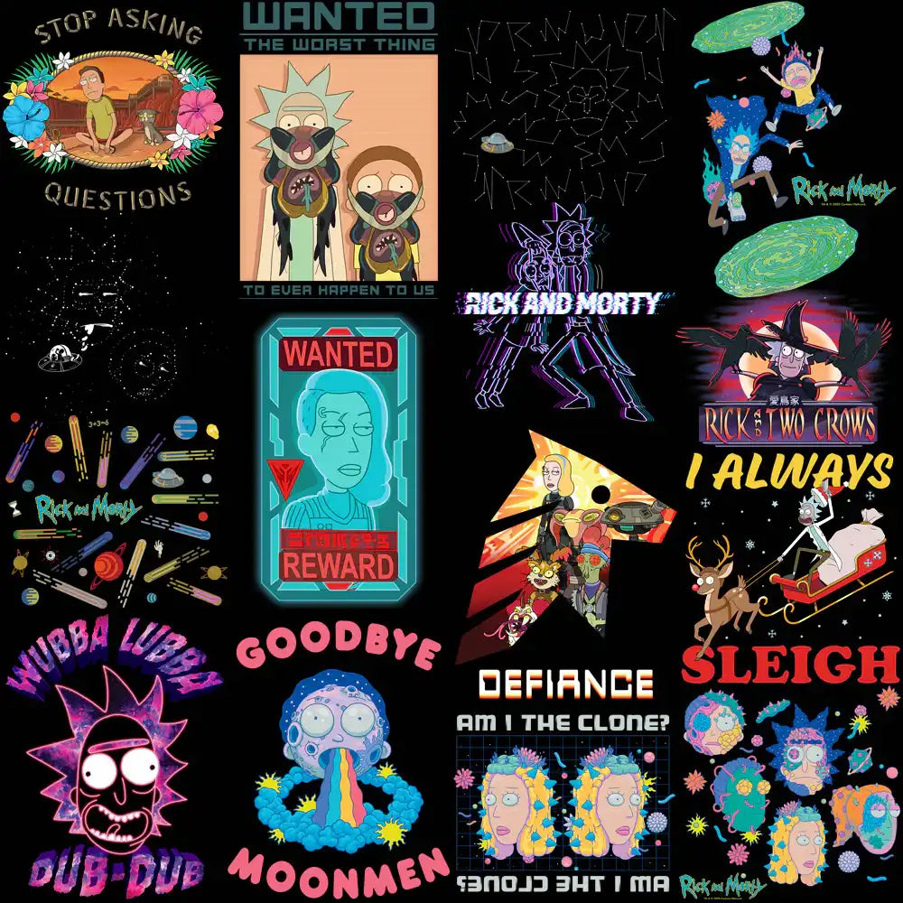 Rick and Morty print-ready designs for DTF, DTG, embroidery, and tumbler wraps with vibrant graphics
