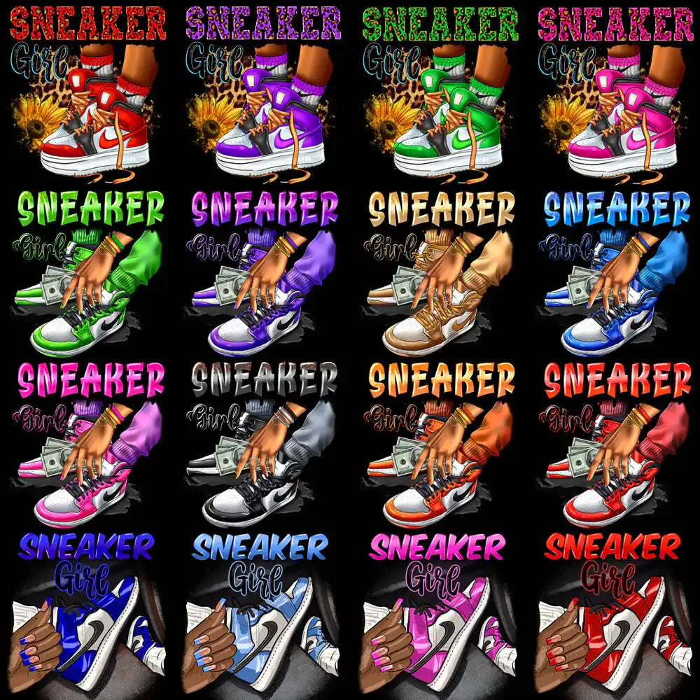 Sneaker Girl designs for DTF, DTG, embroidery, and tumbler wraps — vibrant, print-ready PNG, SVG, PES files.