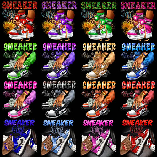 Sneaker Girl designs for DTF, DTG, embroidery, and tumbler wraps — vibrant, print-ready PNG, SVG, PES files.
