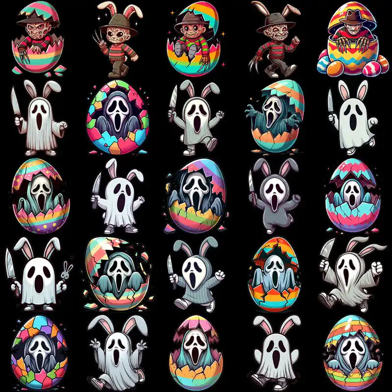 Cute ghost and bunny Easter egg designs for DTF, DTG, embroidery. Print-ready PNG, SVG, PES files.