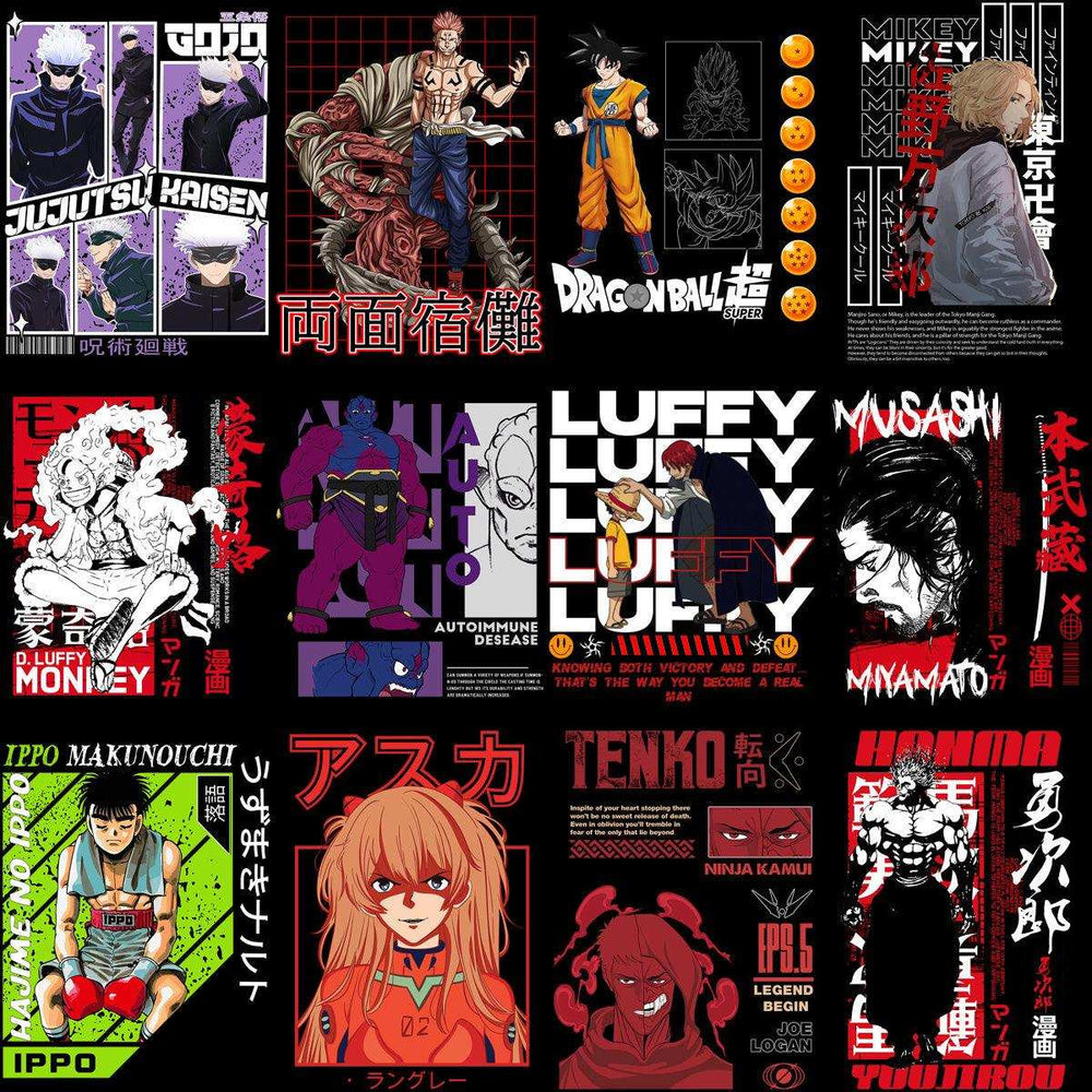 Anime t-shirt designs featuring Jujutsu Kaisen, Dragon Ball, One Piece, and Evangelion characters for DTF/DTG printing