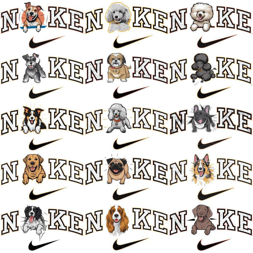 Dog-themed Nike-style designs with various breeds and swoosh logos for print-ready use