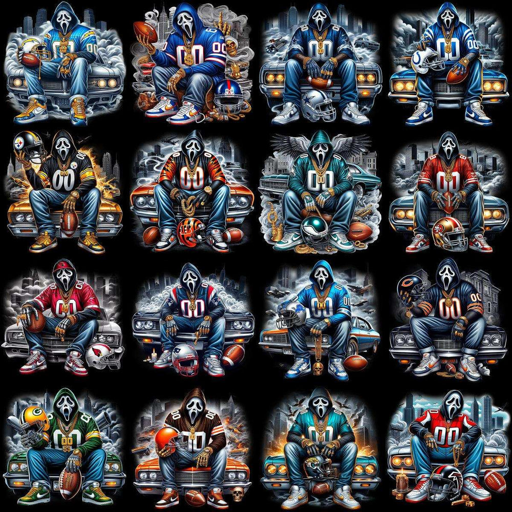 Football-themed designs with Scream mask, jerseys, and cars for DTF/DTG printing