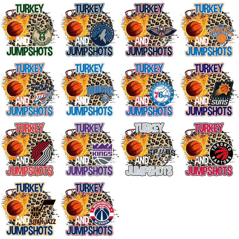 Turkey and Jumpshots basketball designs with NBA team logos on leopard print backgrounds
