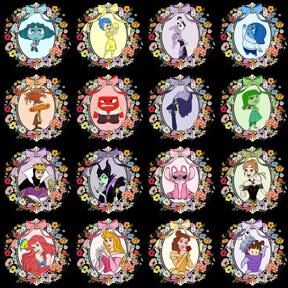 Floral-framed Disney character designs for DTF, DTG, embroidery, and tumbler wraps, print-ready PNG, SVG, PES.