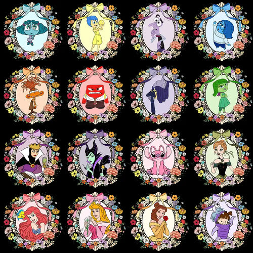 Floral-framed Disney character designs for DTF, DTG, embroidery, and tumbler wraps, print-ready PNG, SVG, PES.