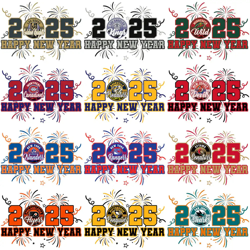 2025 Happy New Year NHL team designs with fireworks for DTF/DTG and embroidery