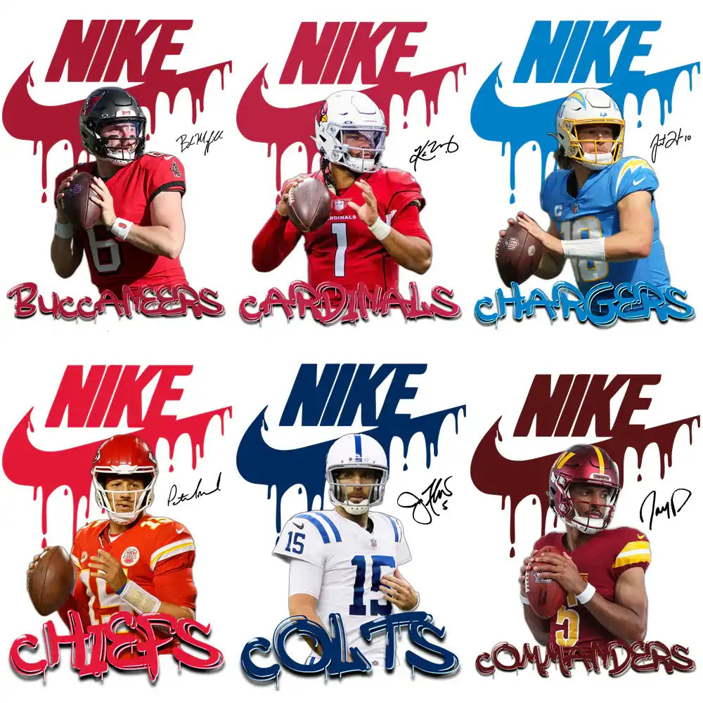 NFL players in team jerseys with dripping Nike logos, print-ready designs for DTF DTG embroidery