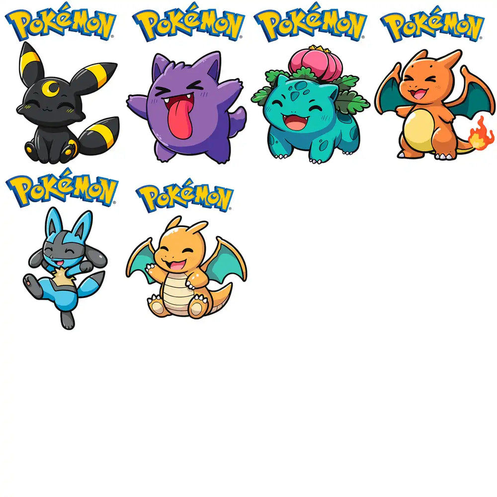 Cute Pokémon characters: Umbreon, Gengar, Bulbasaur, Charmander, Lucario, and Dragonite in playful poses.