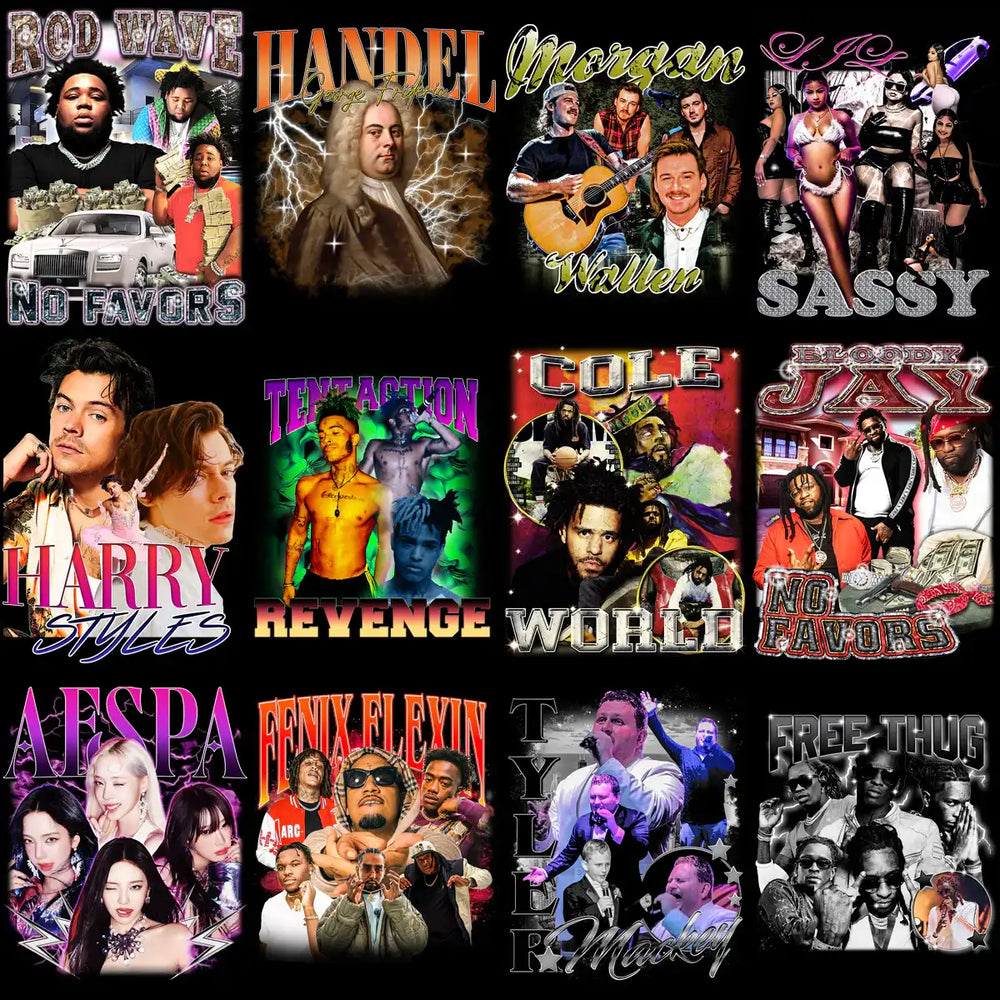 Print-ready celebrity and music artist designs for DTF, DTG, embroidery, and tumbler wraps