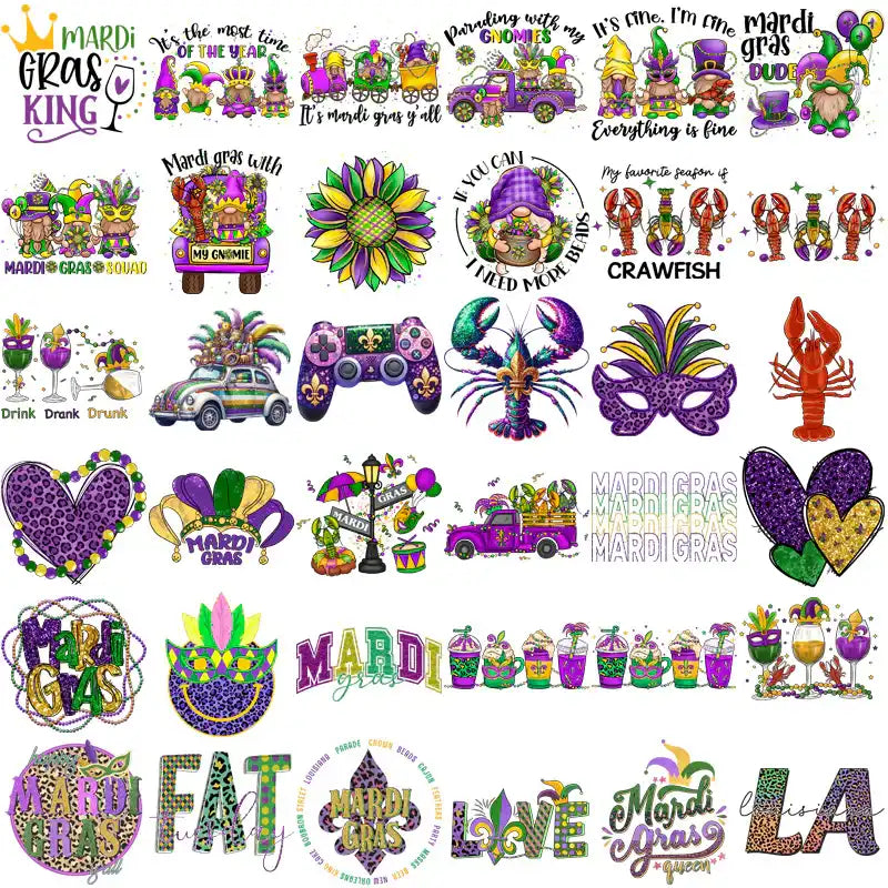 Mardi Gras designs bundle with gnomes, crawfish, masks, and festive text for DTG, DTF, embroidery