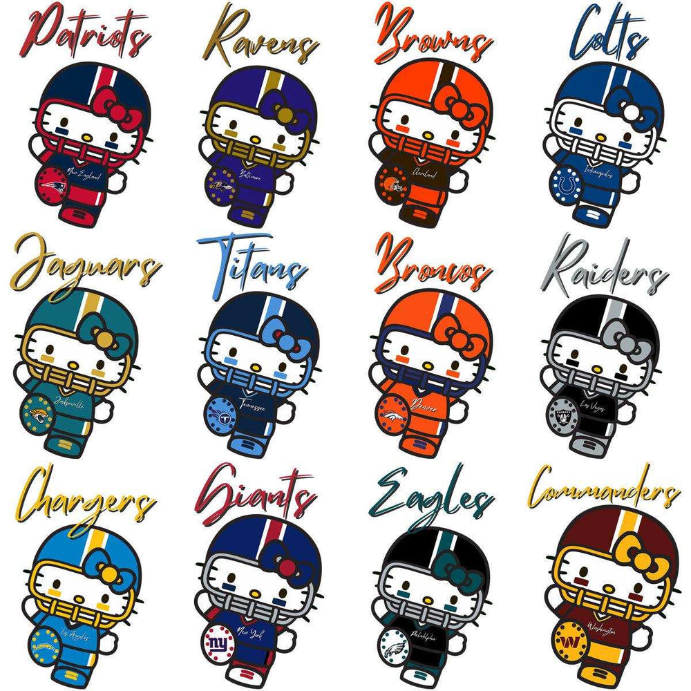 Hello Kitty NFL team designs for DTF/DTG, embroidery, and tumbler wraps, featuring 12 teams in cute football gear.