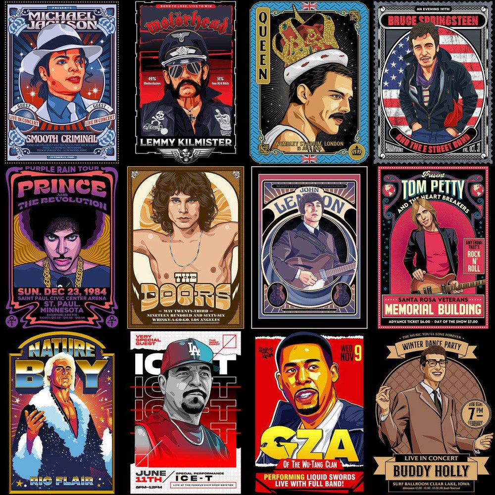 Rock band concert posters for DTF DTG printing, featuring Michael Jackson, Queen, Prince, and more iconic artists.