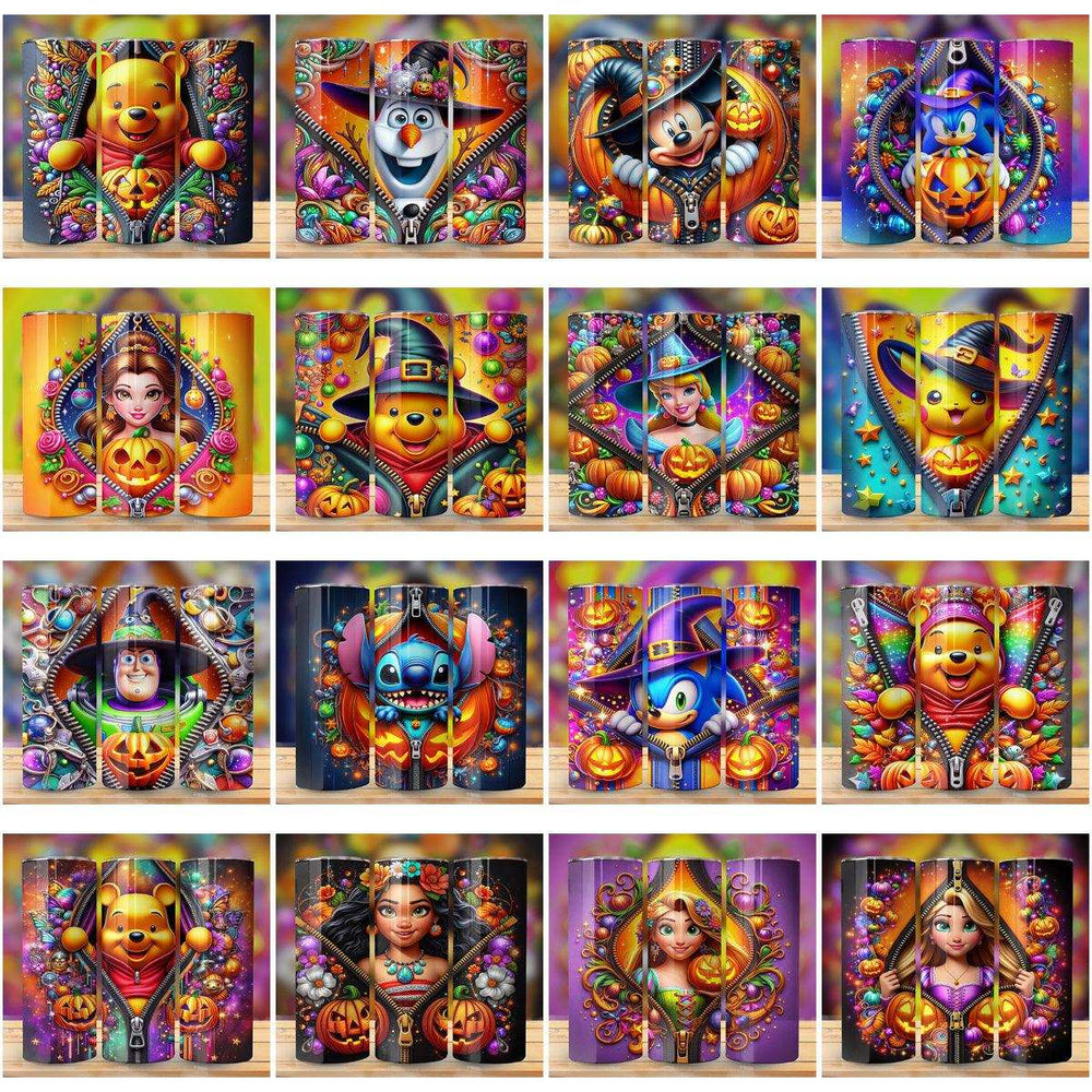 Halloween tumbler wrap designs featuring Disney characters, pumpkins, and festive patterns for sublimation printing.