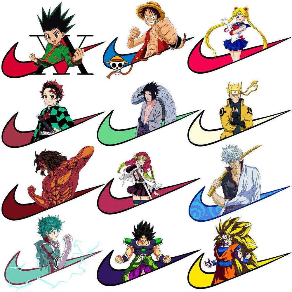 Anime characters in Nike swoosh designs for DTF/DTG and embroidery projects