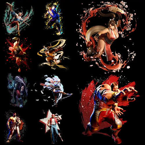 Dynamic fighting game characters in action poses with vibrant splash effects, ideal for DTF DTG print designs