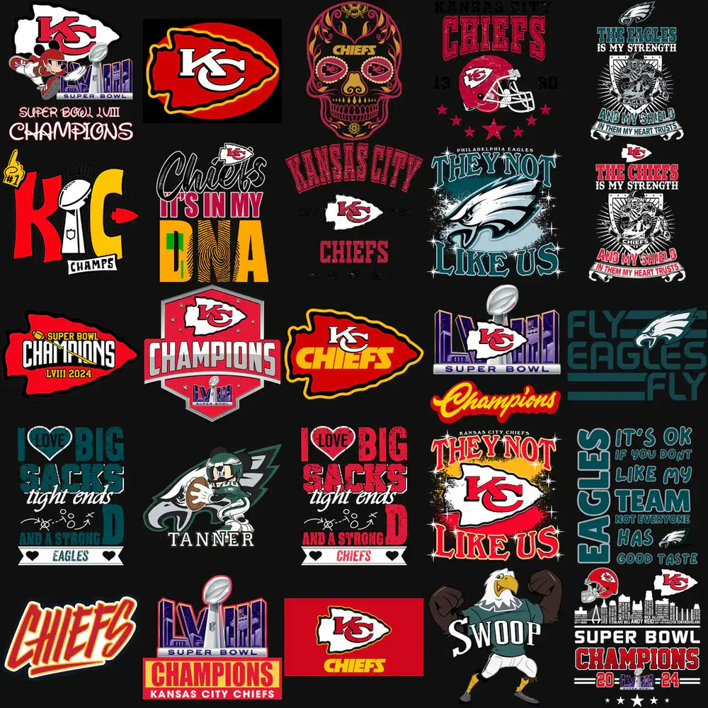 Kansas City Chiefs and Philadelphia Eagles Super Bowl LVIII designs, print-ready graphics for apparel and merch