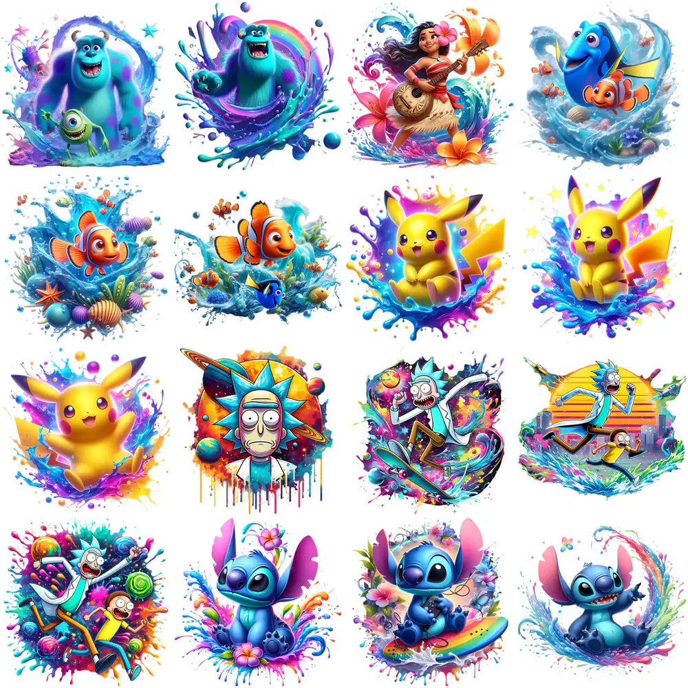 Vibrant cartoon characters like Pikachu, Stitch, and Nemo in colorful splash designs for DTF/DTG printing.
