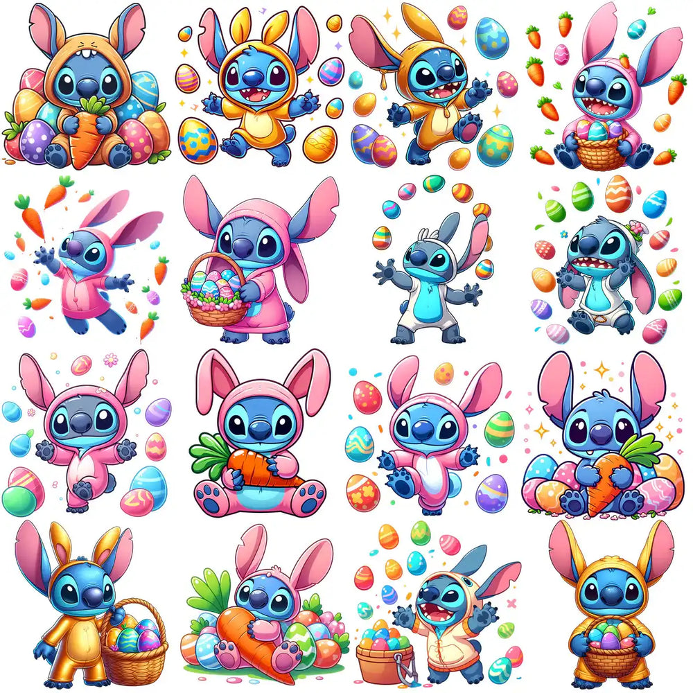 Easter-themed Stitch designs with bunny ears, carrots, and colorful eggs for DTF/DTG printing