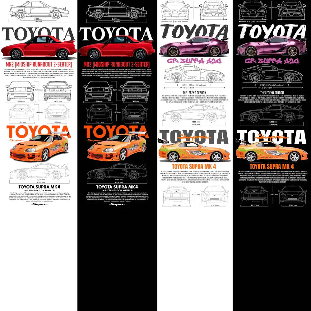 Toyota Supra MK4 and MR2 car designs with dimensions for DTF/DTG printing and embroidery