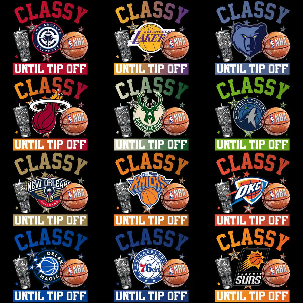 Classy Until Tip Off NBA team designs with basketballs and tumblers for DTF/DTG printing