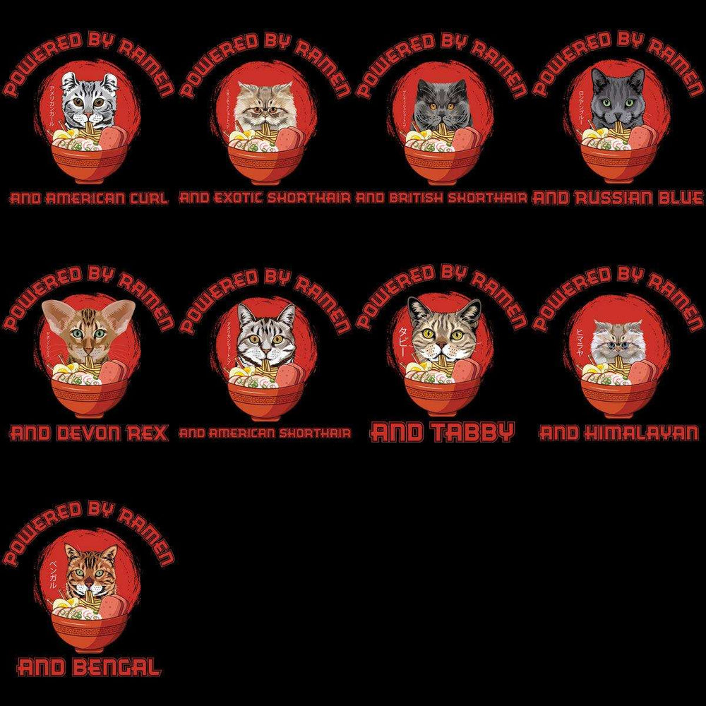 Cats in ramen bowls, breed labels, print-ready designs for DTG, DTF, embroidery