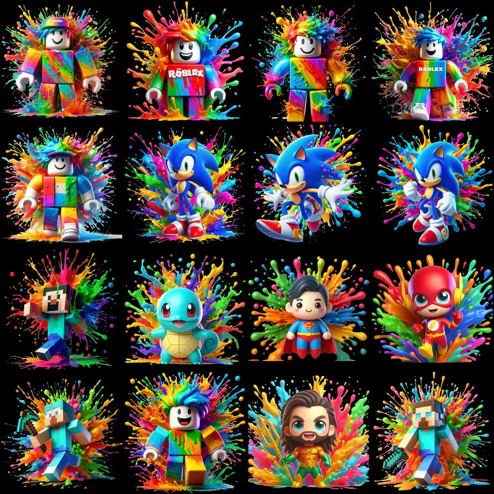 Vibrant cartoon characters with colorful paint splashes, perfect for DTF/DTG and embroidery designs.