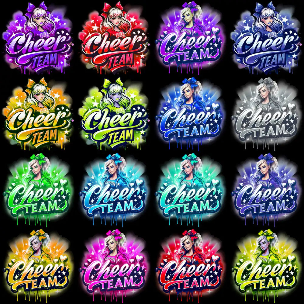 Vibrant cheer team designs with colorful bows, stars, and glitter effects for DTF, DTG, embroidery, and tumbler wraps.