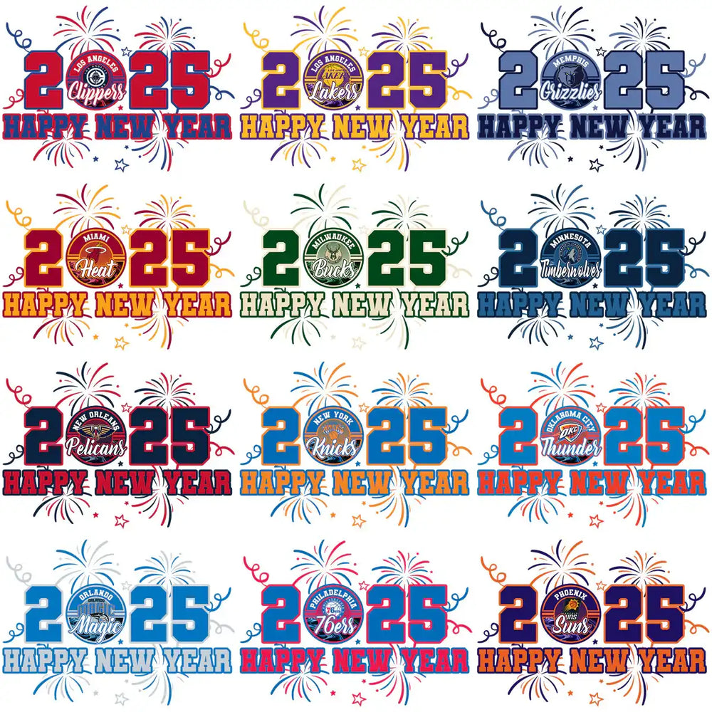 2025 Happy New Year NBA team designs with fireworks for DTF/DTG and embroidery