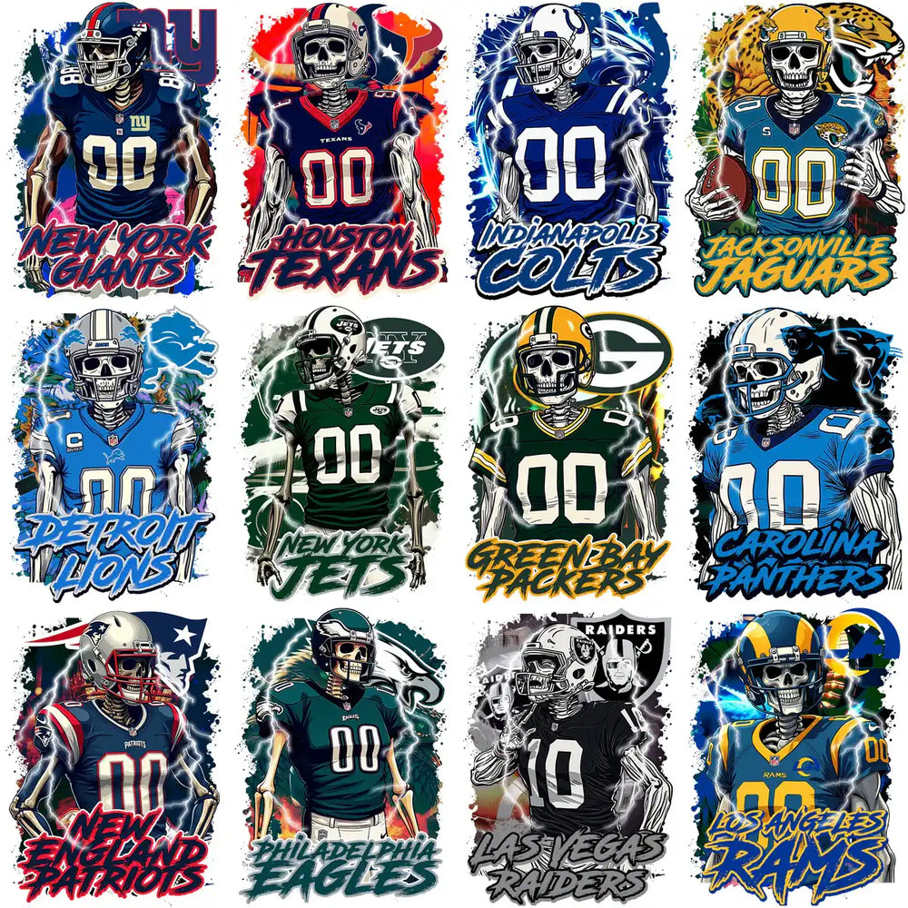 NFL team skeleton designs for DTF/DTG, embroidery, and tumbler wraps with vibrant colors and lightning effects