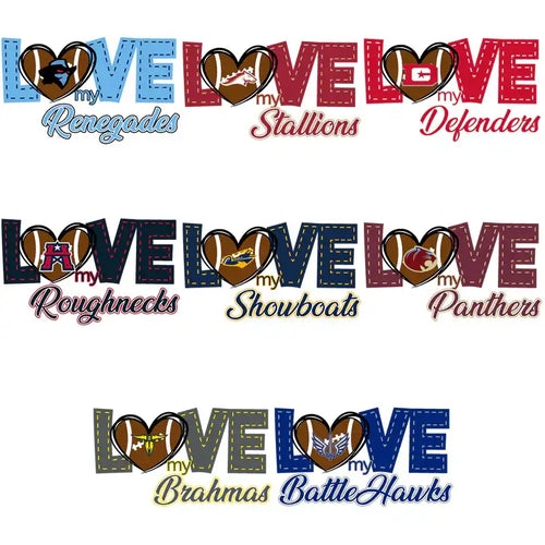 Love-themed football designs with team names for DTF/DTG and embroidery projects