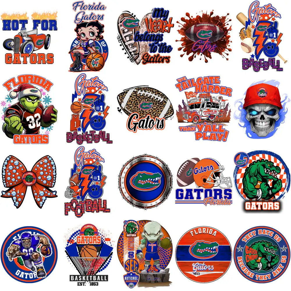 Florida Gators sports designs for DTF, DTG, embroidery, and tumbler wraps with vibrant graphics and team themes.