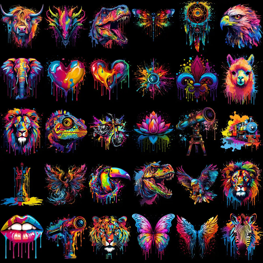 Vibrant neon drip art designs for DTF, DTG, embroidery, and tumbler wraps, featuring animals, symbols, and objects.