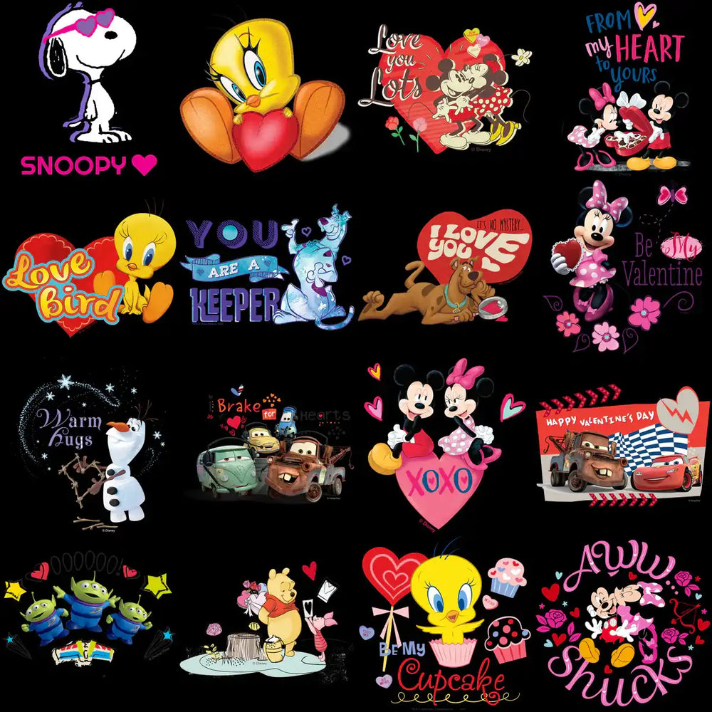 Valentine's Day designs featuring Disney characters like Snoopy, Tweety, Minnie, and Winnie the Pooh with hearts and love themes.