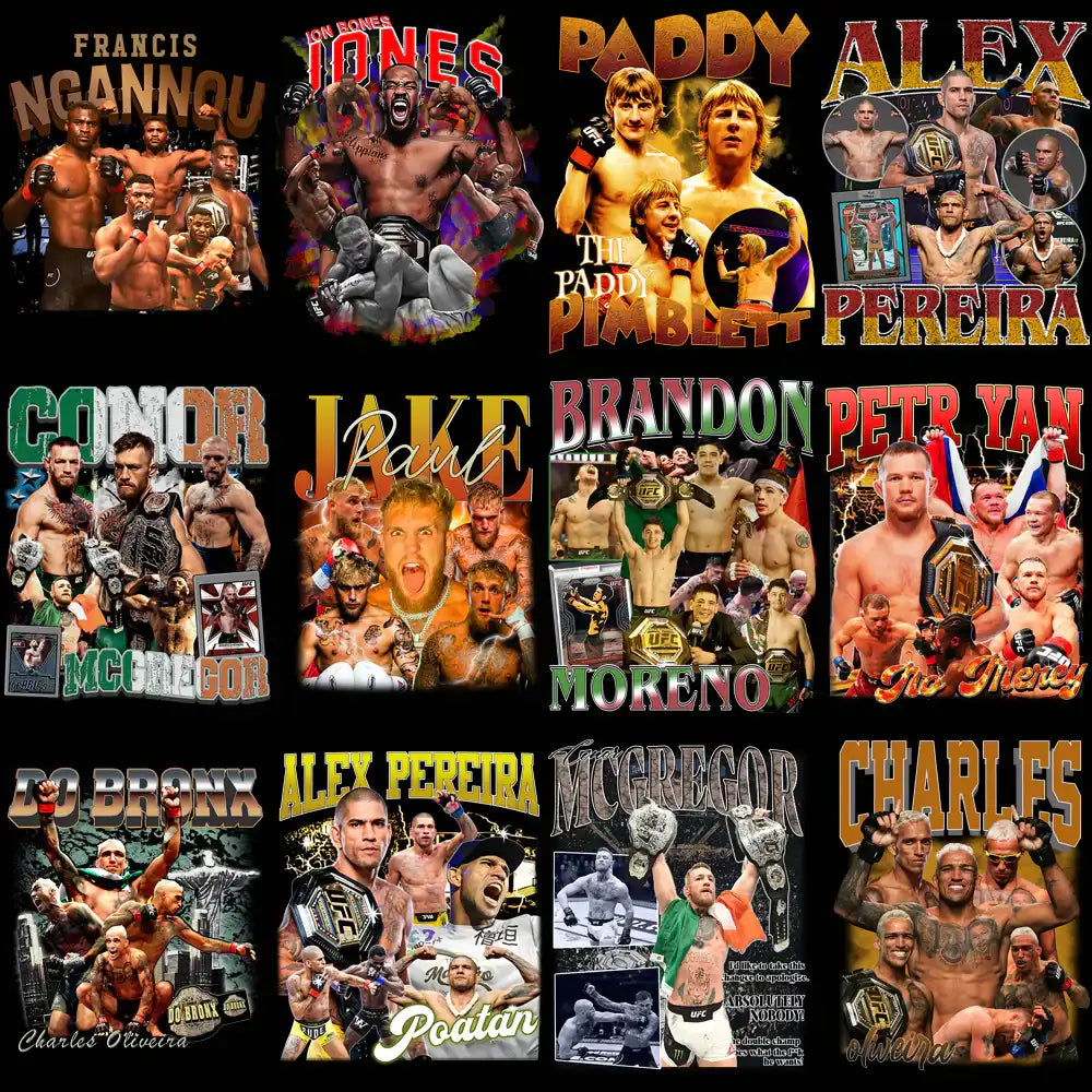MMA fighter designs for DTF/DTG prints featuring UFC champions like Jones, McGregor, and Pereira