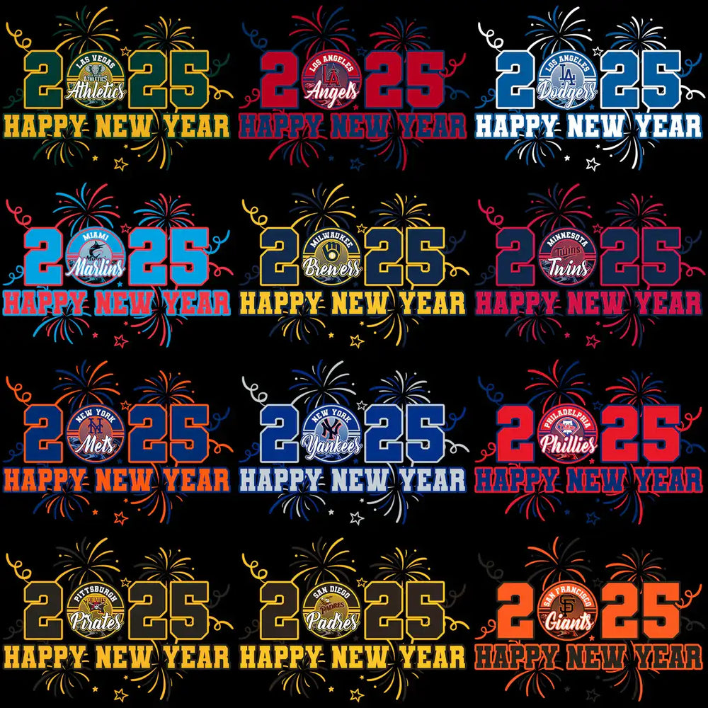 2025 Happy New Year designs with MLB team logos and fireworks for DTF/DTG printing