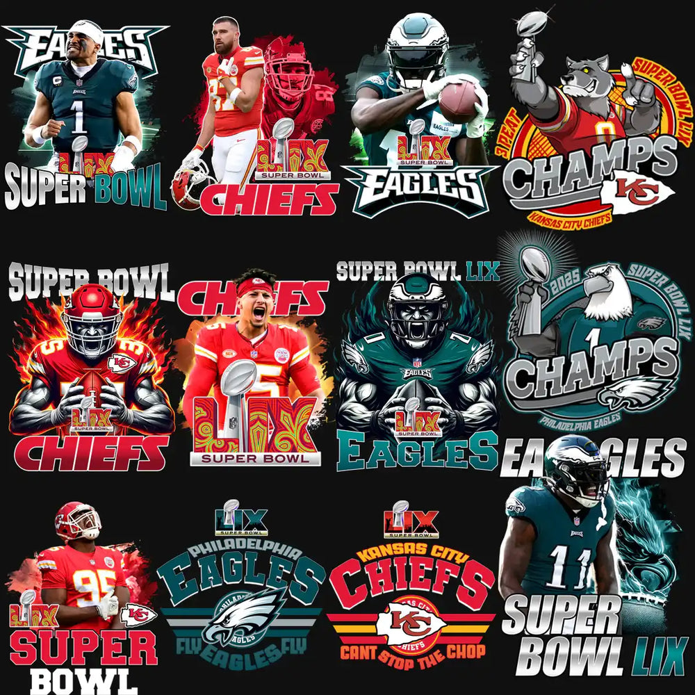 Super Bowl LIX Chiefs vs Eagles designs, print-ready PNG SVG for DTF DTG, team logos, player art
