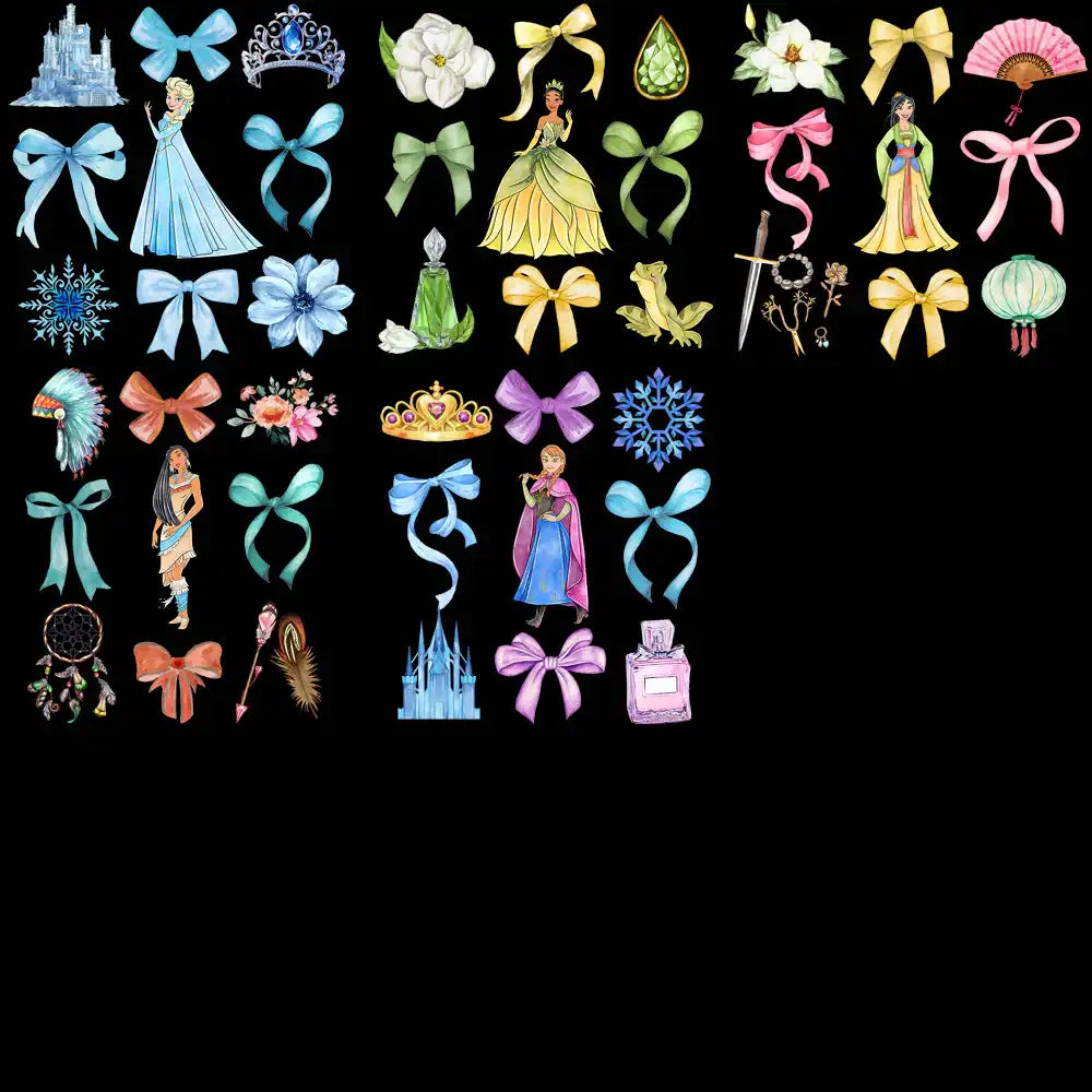 Princess-themed design bundle with bows, crowns, castles, and floral elements for DTF/DTG printing